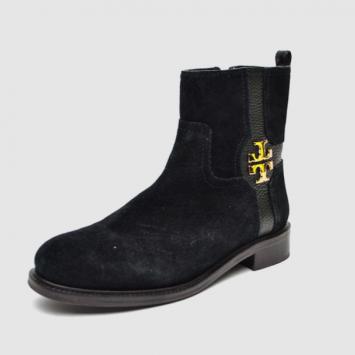 Pre Owned Tory Burch Black Suede 'Alaina' Logo Ankle Boots Size 38