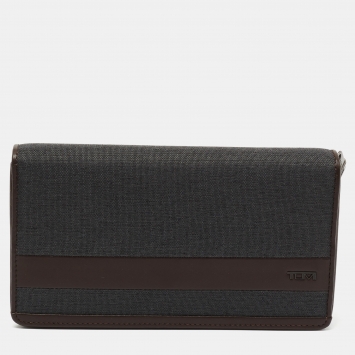 Pre Owned TUMI Grey/Brown Canvas and Leather Travel Zip Around Wallet 