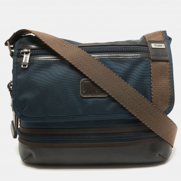 Pre Owned TUMI Blue/Brown Nylon and Leather Glenview Expandable Messenger Bag