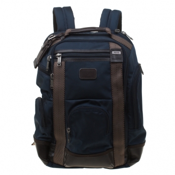 Pre Owned TUMI Navy Blue/Brown Nylon and Leather Alpha Bravo Shaw Backpack