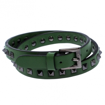 Pre Owned Valentino Rockstud Green Leather Gunmetal Tone Wrap Bracelet