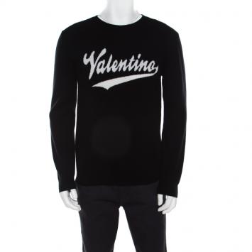 Pre Owned Valentino Black Wool Logo Intarsia Crew Neck Pullover Sweater M