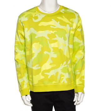 Pre Owned Valentino Neon Yellow Camouflage Print Jersey Crew Neck Sweatshirt S