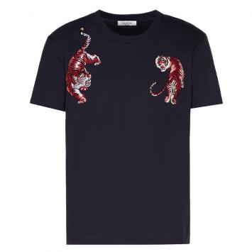 Pre Owned Valentino Dark Blue Cotton Go Tiger Embroidered Crew Neck T Shirt M