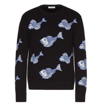 Pre Owned Valentino Black Wool with All Over Fishrain Inlay Crew Neck Sweater M