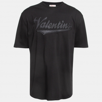 Pre Owned Valentino Black Logo Applique Cotton Crew Neck T-Shirt XXL