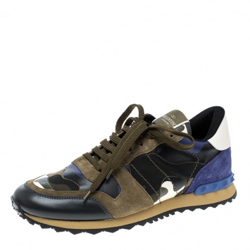 Pre Owned Valentino Tricolor Camouflage Leather and Suede Rockrunner Sneakers Size 43