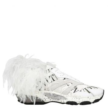Pre Owned Valentino White/Black Fabric and Leather Camouflage with Feathers VLTN Grid Bounce Sneakers Size 43
