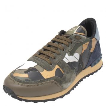 Pre Owned Valentino Army Green Fabric and Leather Camouflage Rockrunner Sneakers Size 43
