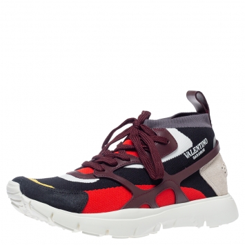 مملوكة مسبقًا Valentino Multicolor Knit And Leather High Top Sneakers Size 41.5
