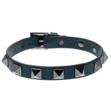 Pre Owned Valentino Rockstud Teal Blue Gunmetal Tone Leather Bracelet