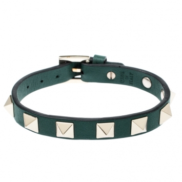 Pre Owned Valentino Rockstud Green Gold Tone Leather Bracelet