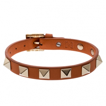 Pre Owned Valentino Rockstud Orange Leather Gold Tone Bracelet