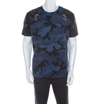 Pre Owned Valentino Blue Camupanther Print Cotton Short Sleeve T-Shirt L