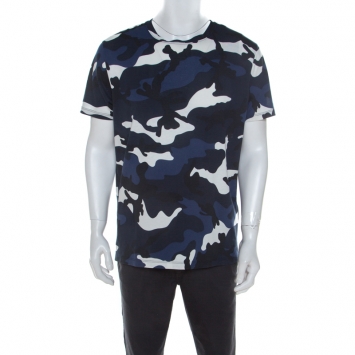 Pre Owned Valentino Navy Blue Camouflage Print Cotton Crew Neck T-Shirt L