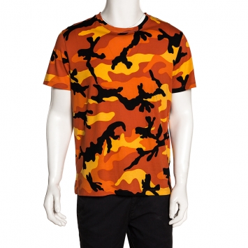 Pre Owned Valentino Orange Cotton Camouflage Print T Shirt M 