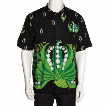 Pre Owned Valentino Black & Green Cotton Lily V Short Sleeve Shirt XL