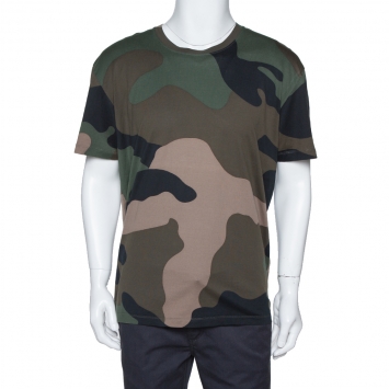 Pre Owned Valentino Green Macrocamouflage Print Cotton Crew Neck T-Shirt XL