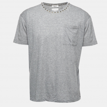 Pre Owned Valentino Grey Cotton Rockstud Neckine Detail Crewneck T-Shirt L