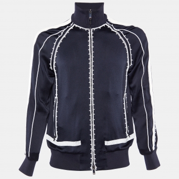 Pre Owned Valentino Navy Blue Satin Crepe & Knit Beaded Detail Bomber Jacket S