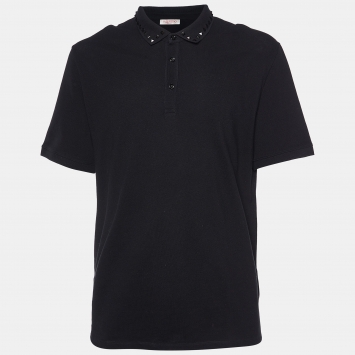 Pre Owned Valentino Black Cotton Studded Collar Detail Polo T-Shirt 3XL