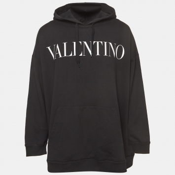 Pre Owned Valentino Black Printed Cotton Knit Hoodie L