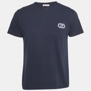 Pre Owned Valentino Navy Blue Logo Applique Cotton T-Shirt M