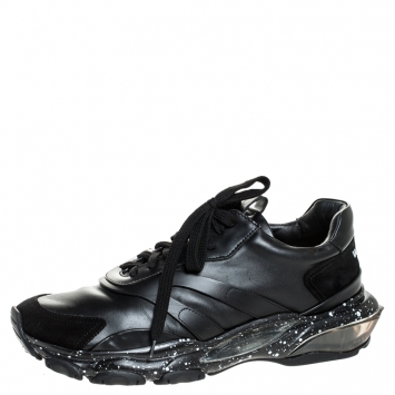 Pre Owned Valentino Black Leather And Suede Bounce Low Top Lace Up Sneakers Size 43.5