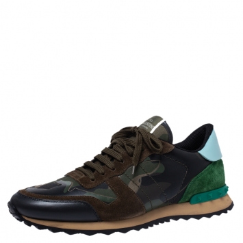 مملوكة مسبقًا Valentino Military Green Fabric and Leather Camouflage Rockrunner Trainer Sneakers Size 44