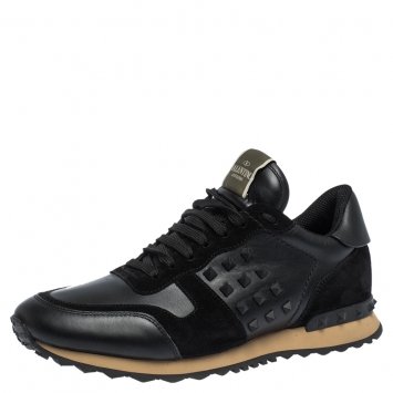 Pre Owned Valentino Black Leather and Suede Rockrunner Sneakers Size 42.5