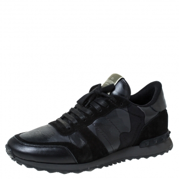 مملوكة مسبقًا Valentino Black Camouflage Leather and Suede Rockrunner Sneakers Size 43