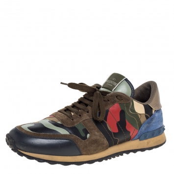 مملوكة مسبقًا Valentino Multicolor Leather And Canvas Camouflage Rockstud Low Top Sneakers Size 44