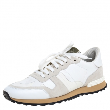 Pre Owned Valentino White Camouflage Canvas And Suede Leather Rockrunner Low Top Sneakers Size 43.5