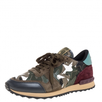 Pre Owned Valentino Multicolor Leather/Suede and Canvas Camouflage Rockstud Star Low Top Sneakers Size 40.5
