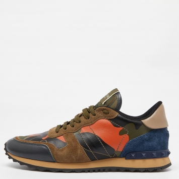 Pre Owned Valentino Multicolor Camouflage Print Canvas, Leather and Suede Rockrunner Low-Top Sneakers Size 42