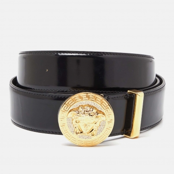 Pre Owned Versace Black Leather Patent Medussa Head Buckle Belt 115CM