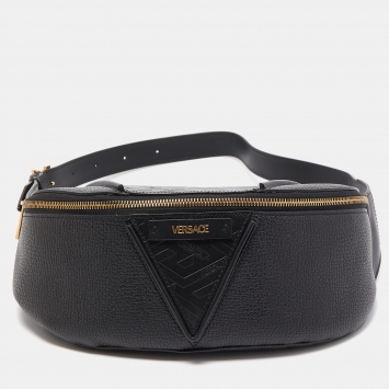 Pre Owned Versace Black Leather V Greca Signature Belt Bag 