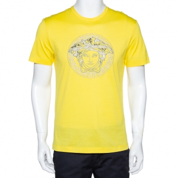 Pre Owned Versace Neon Yellow Cotton Jersey Embroidered Medusa Logo T-Shirt M