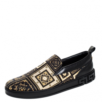 Pre Owned Versace Black/Gold Printed Satin And Leather Slip On Sneakers Size 45