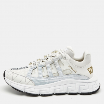 Pre Owned Versace White Leather and Fabric Trigreca Low Top Sneakers Size 43