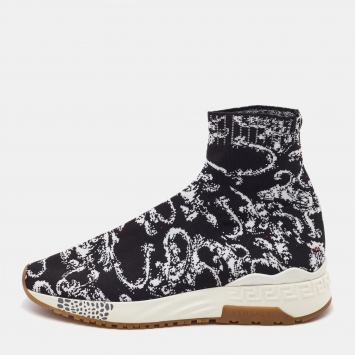 Pre Owned Versace Black/White Knit Fabric High Top Sneakers Size 43