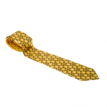 Pre Owned Gianni Versace Vintage Yellow Logo and Floral Patterned Silk Jacquard Tie