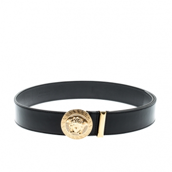 Pre Owned Versace Black Leather Medusa Buckle Belt 90CM