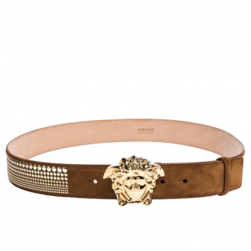 Pre Owned Versace Brown Studded Suede Medusa Belt 105CM