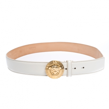 Pre Owned Versace White Leather Medusa Belt 105CM