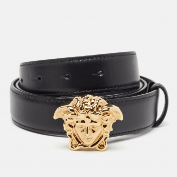 Pre Owned Versace Black Leather La Medusa Buckle Belt 100CM