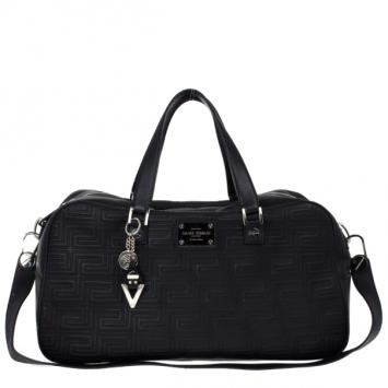 Pre Owned Versace Black Leather Trapuntato Duffle Travel Bag