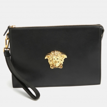 Pre Owned Versace Black Leather Medusa Head Wristlet Clutch
