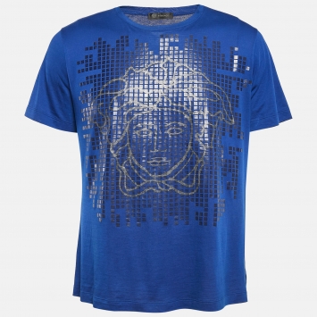Pre Owned Versace Blue Medusa Print Cotton T-Shirt XL