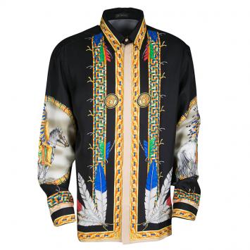 Pre Owned Versace Black Native American Printed Silk Long Sleeve Shirt XXL